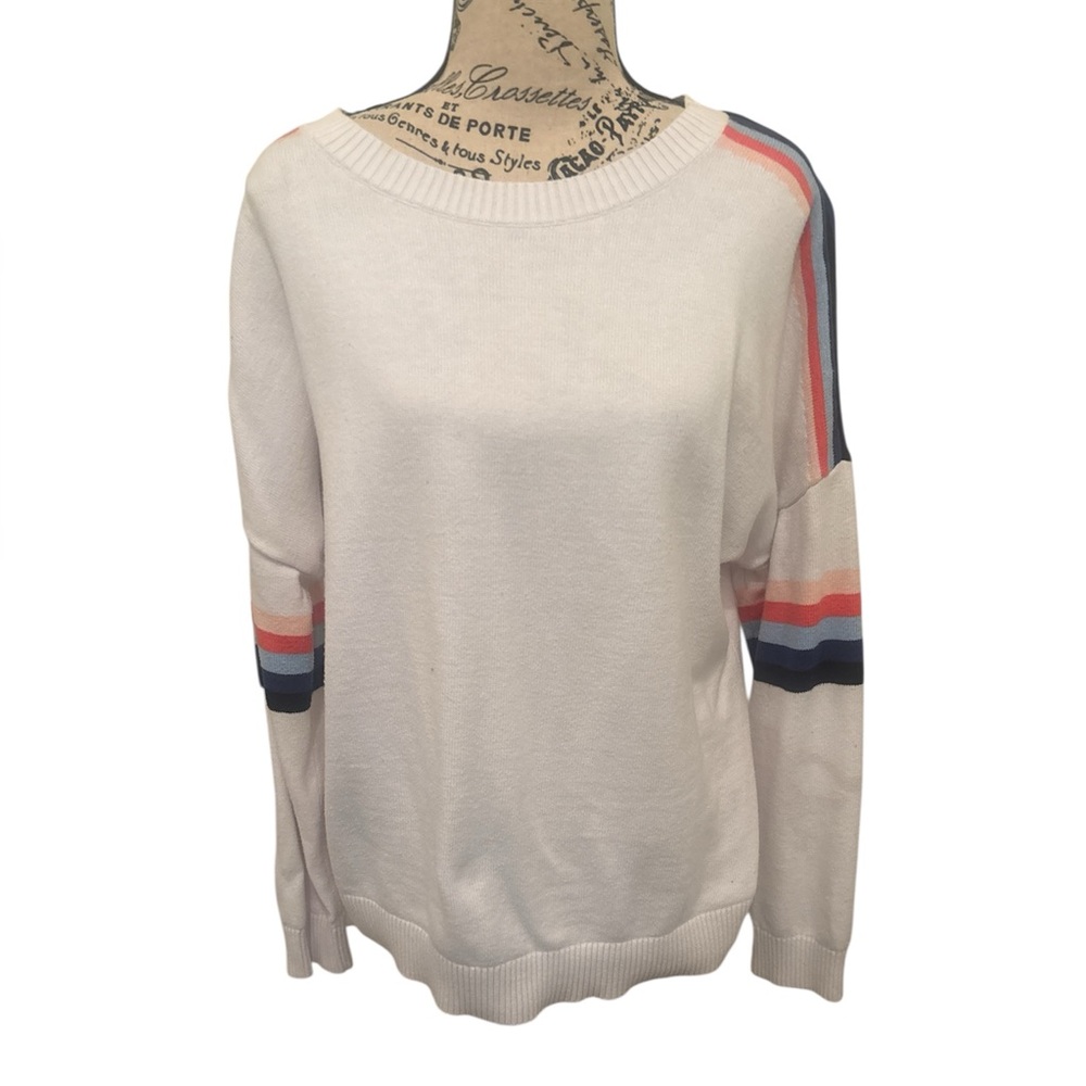 Talbots White Sweater with Multicolor Striped Sleeves
